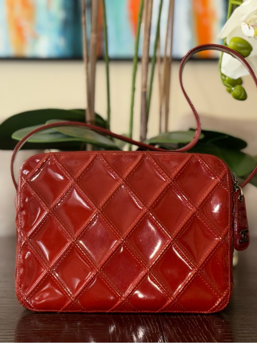CHANEL Red Quilted Patent Leather Shoulder Bag with CC Charm